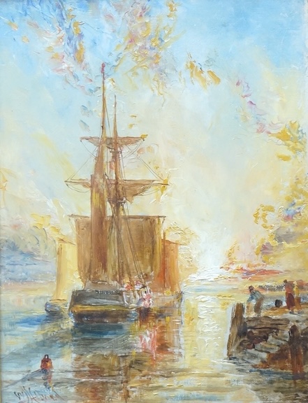 Early 20th century, impressionist, Harbour scene with ships, indistinctly signed lower left, oil on board, 19 x 14cm, ornate gilt frame